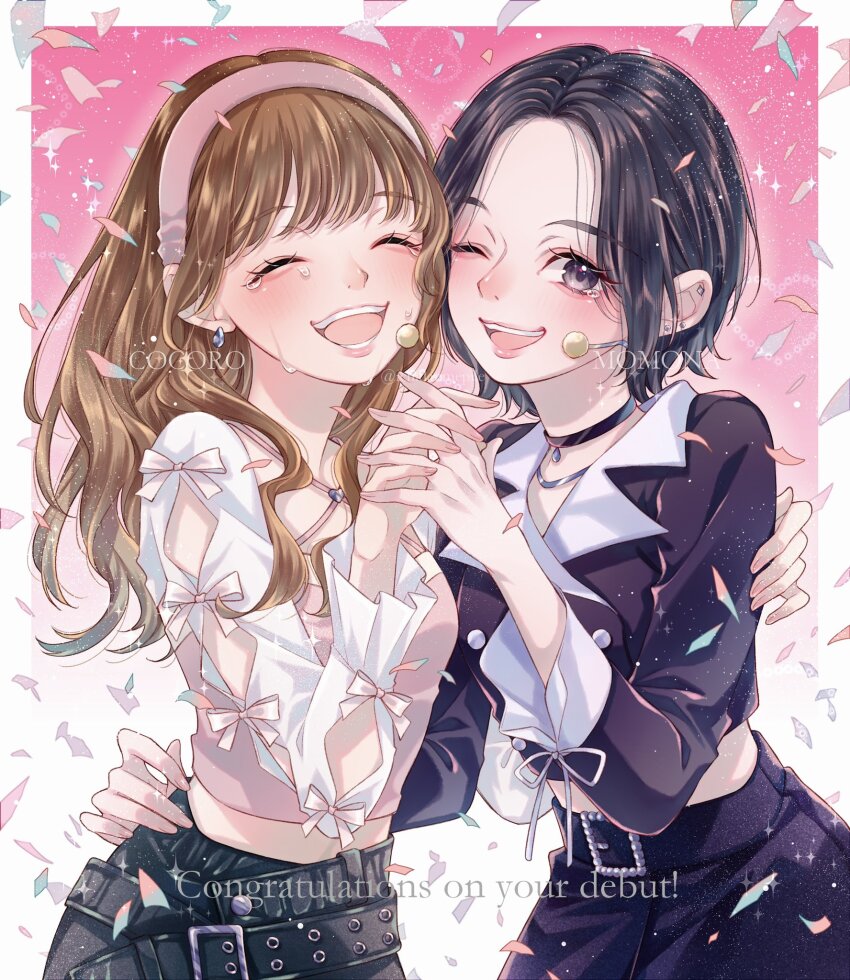 2girls, ^_^, animification, belt, black_belt, black_choker, black_eyes, black_jacket