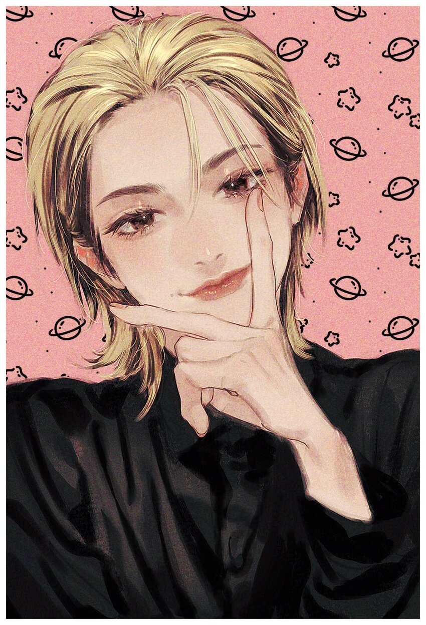 1boy, animification, blonde_hair, brown_lips, collared_shirt, fuguai-kun, highres, ini_(j-pop_group), long_sleeves, looking_at_viewer, male_focus, matsuda_jin, pink_background, planet, real_life, red_lips, shirt, short_hair, smile, solo, star_(symbol), v