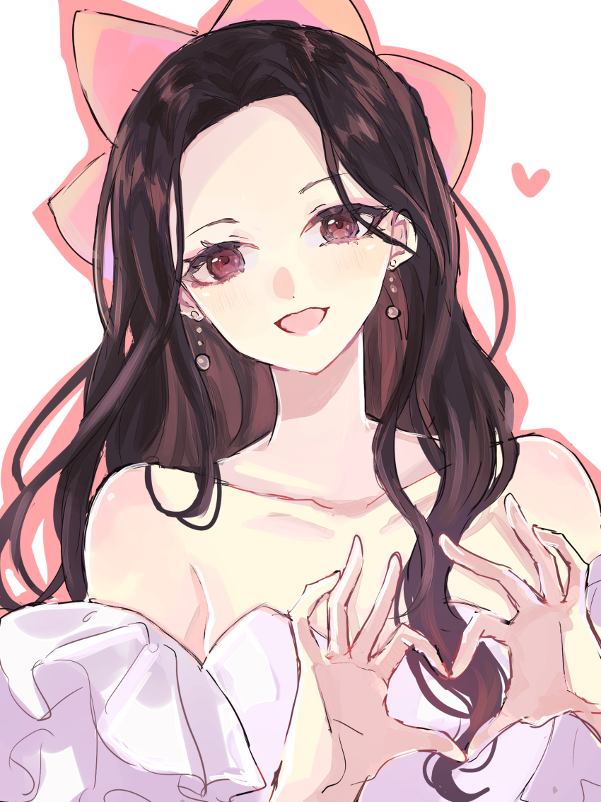 1girl, four-finger_heart_hands, absurdres, animification, bare_shoulders, brown_eyes, brown_hair, collarbone