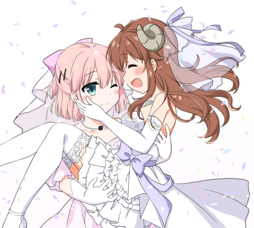 2girls, bare_shoulders, blue_eyes, blush, bow, bridal_veil, brown_hair, carrying, chiyoda_momo, closed_mouth, commentary_request, confetti, dress, elbow_gloves, fang, female_focus, gloves, hair_bow, hand_on_another's_face, highres, horns, jewelry, machikado_mazoku, medium_hair, multiple_girls, necklace, one_eye_closed, open_mouth, pink_bow, pink_hair, princess_carry, simple_background, skin_fang, smile, strapless, strapless_dress, takano_ui, thighhighs, unfinished, veil, wedding_dress, white_background, white_dress, white_gloves, white_thighhighs, wife_and_wife, yoshida_yuuko, yuri