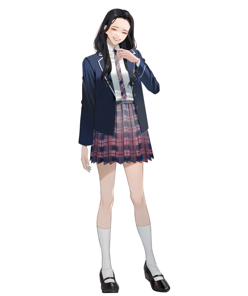 1girl, black_footwear, black_hair, blazer, blue_jacket, eigoni, hair_behind_ear, half-closed_eyes