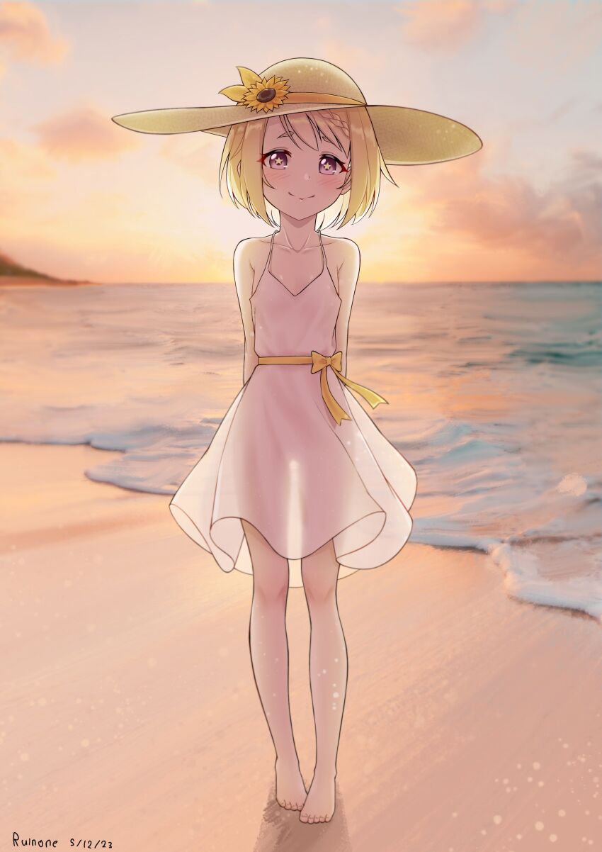 1girl, absurdres, barefoot, beach, blonde_hair, dress, feet, flat_chest, flower, hat, highres, light_smile, looking_at_viewer, mahiru_(princess_connect!), mahiru_(real)_(princess_connect!), princess_connect!, ruinone, see-through_clothes, smile, sun_hat, sundress, sunflower, thigh_gap