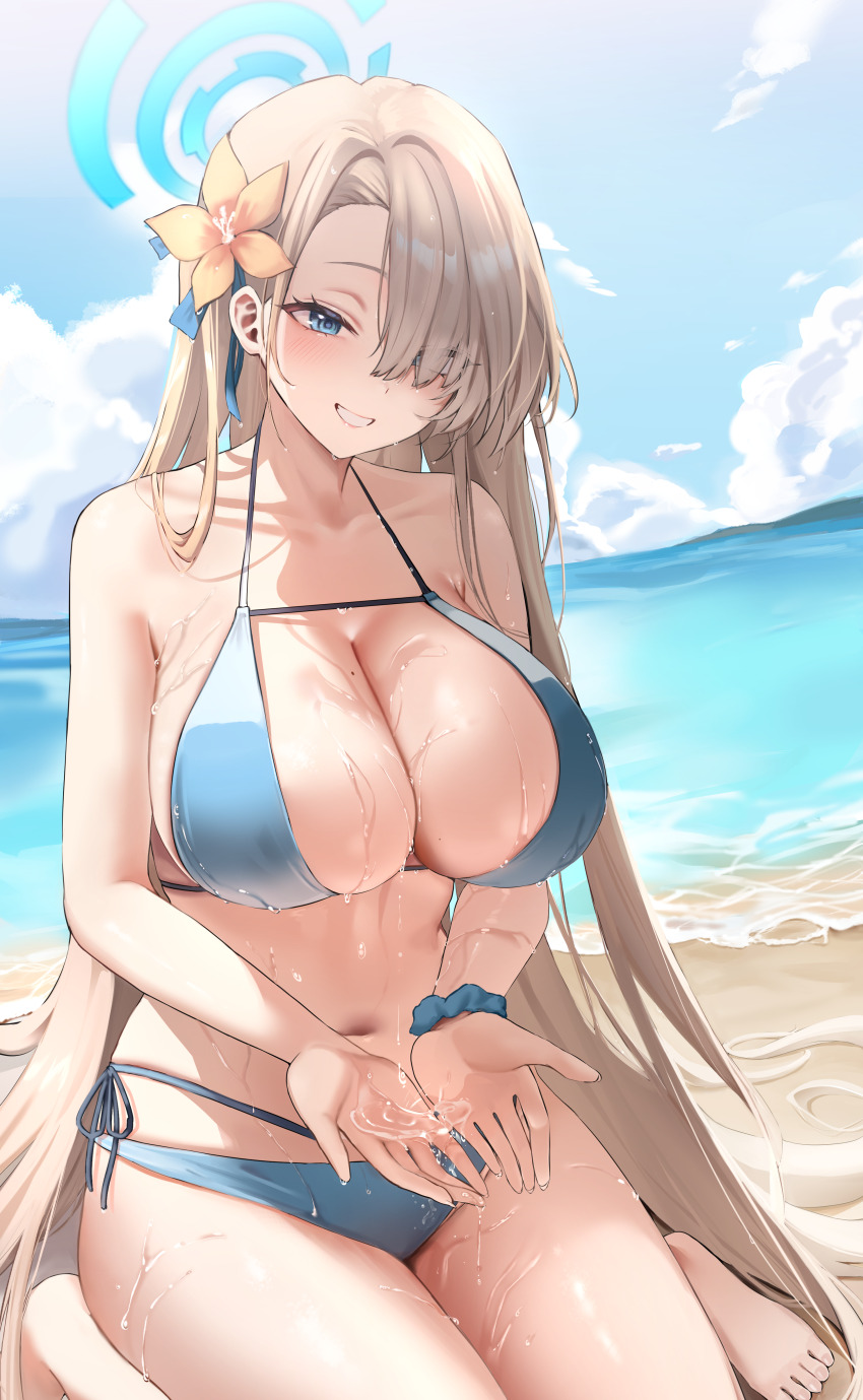 1girl, absurdres, alternate_costume, asuna_(blue_archive), asymmetrical_bangs, beach, bikini, blue_archive