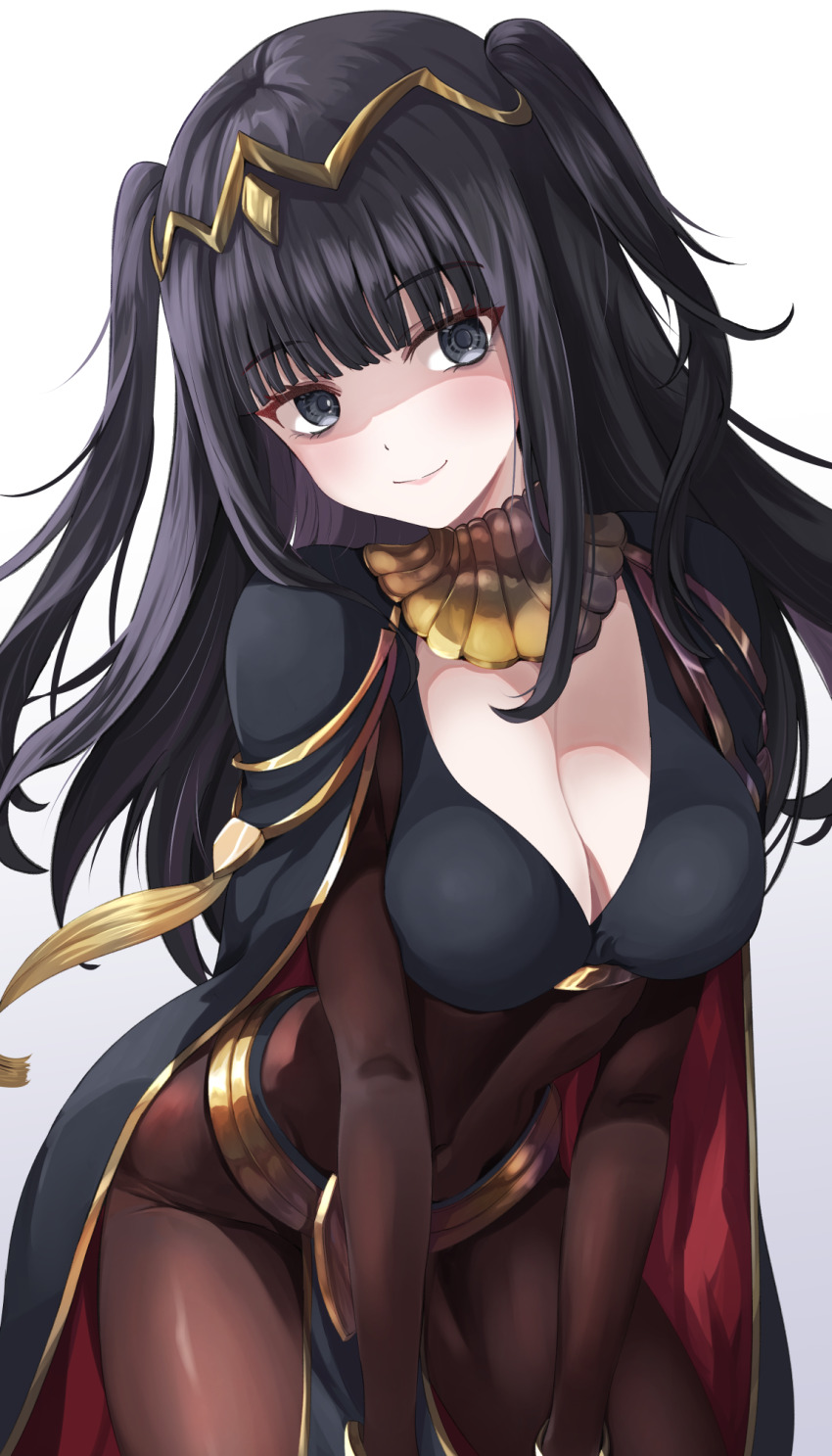 1girl, black_cape, blunt_bangs, blush, bodystocking, breasts, cape, circlet