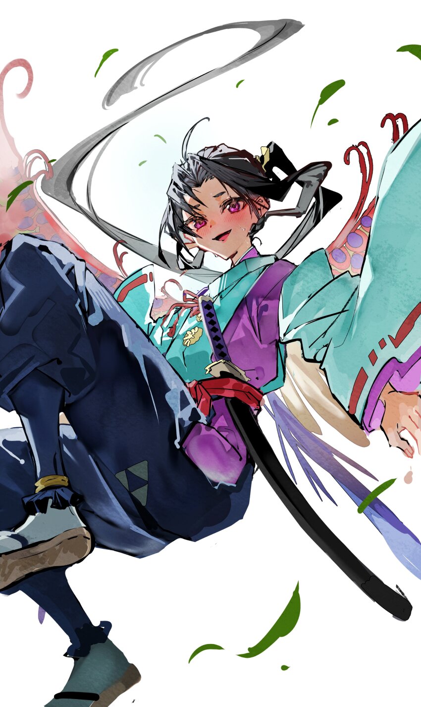 1boy, absurdres, ahoge, black_hair, blush, high_ponytail, highres, houjou_tokiyuki_(nige_jouzu_no_wakagimi)