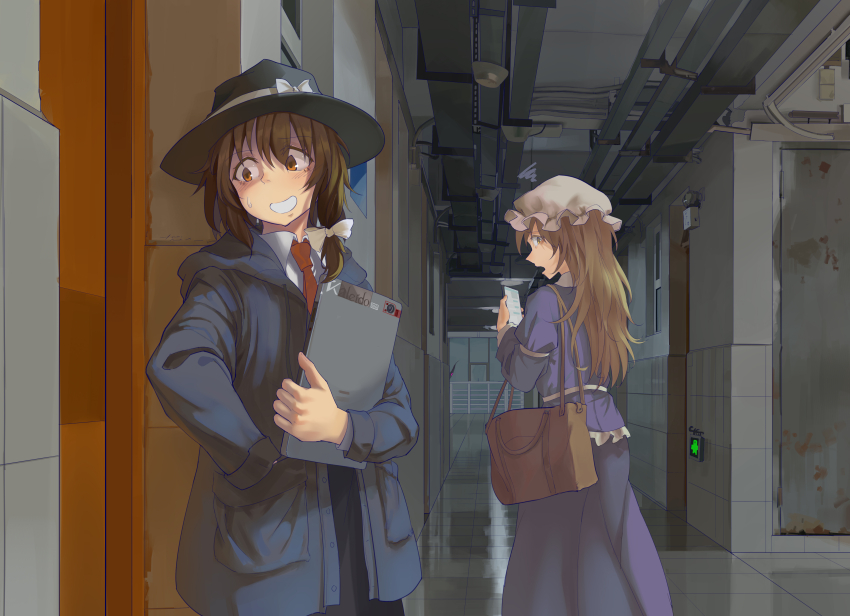 2girls, absurdres, bag, black_coat, black_hat, blonde_hair, blush, bow