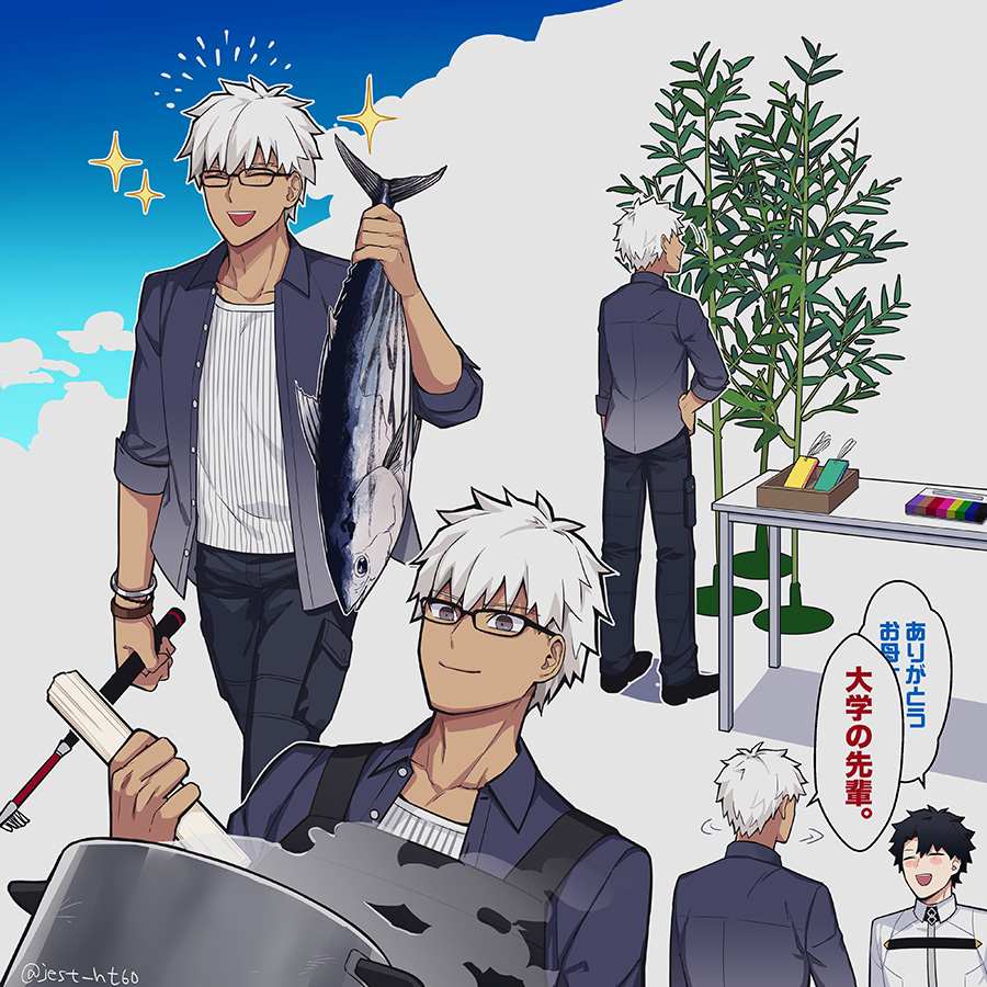 2boys, animal, apron, archer_(fate), archer_(summer_casual)_(fate), bamboo, black_apron, black_hair