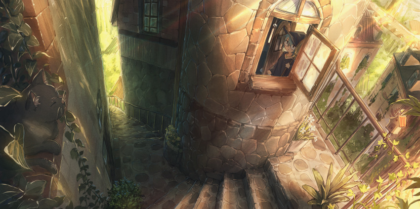 1girl, absurdres, animal, black_cat, black_hat, black_robe, blue_hair, broom