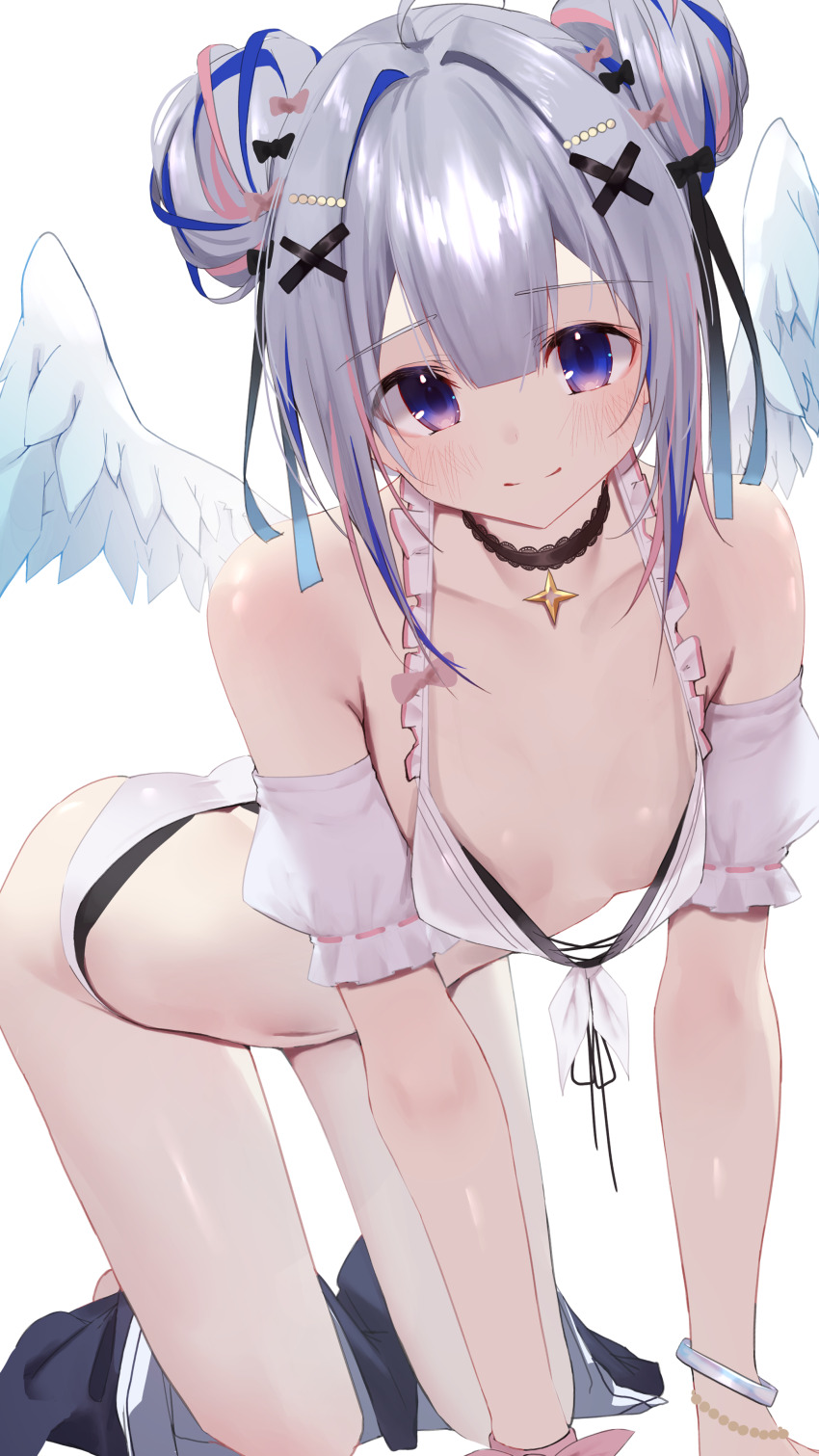 1girl, absurdres, all_fours, amane_kanata, amane_kanata_(summer), angel, angel_wings, armpit_crease