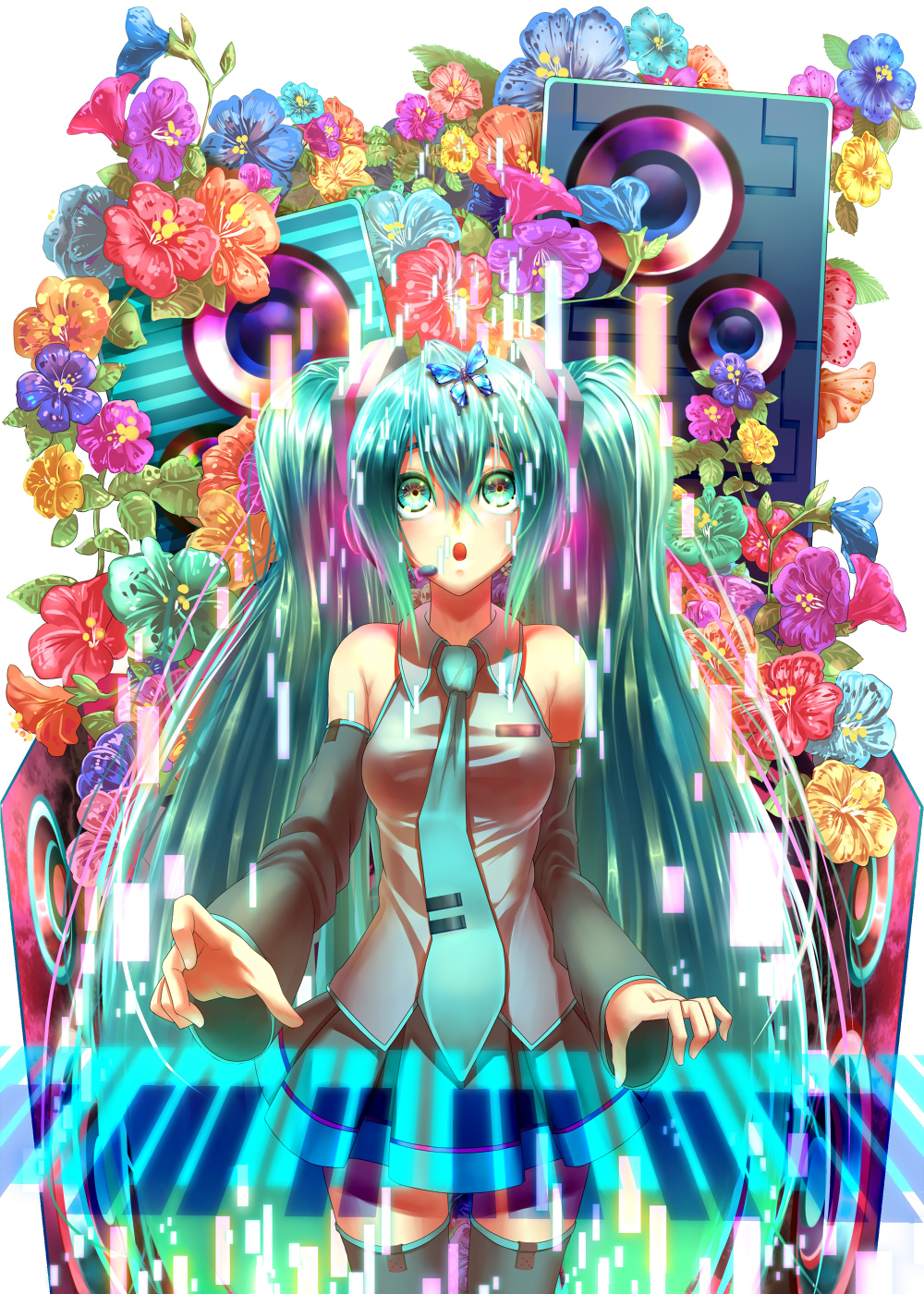 1girl, aqua_eyes, aqua_hair, breasts, bug, butterfly, detached_sleeves, female_focus, flower, hamaguri, hatsune_miku, headset, highres, long_hair, looking_up, necktie, open_mouth, piano_keys, plant, skirt, solo, speaker, thighhighs, twintails, very_long_hair, vocaloid