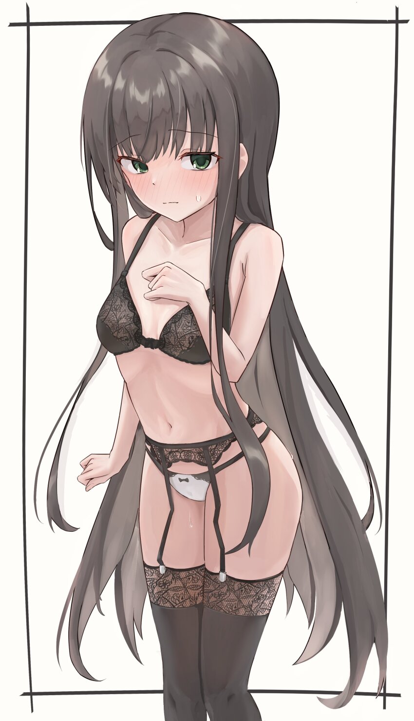 1girl, :|, absurdres, arm_at_side, bare_arms, black_bra, black_hair, black_thighhighs
