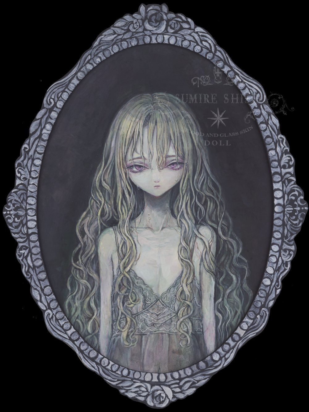 1girl, acrylic_paint_(medium), bare_shoulders, blonde_hair, collarbone, commentary_request, expressionless, flat_chest