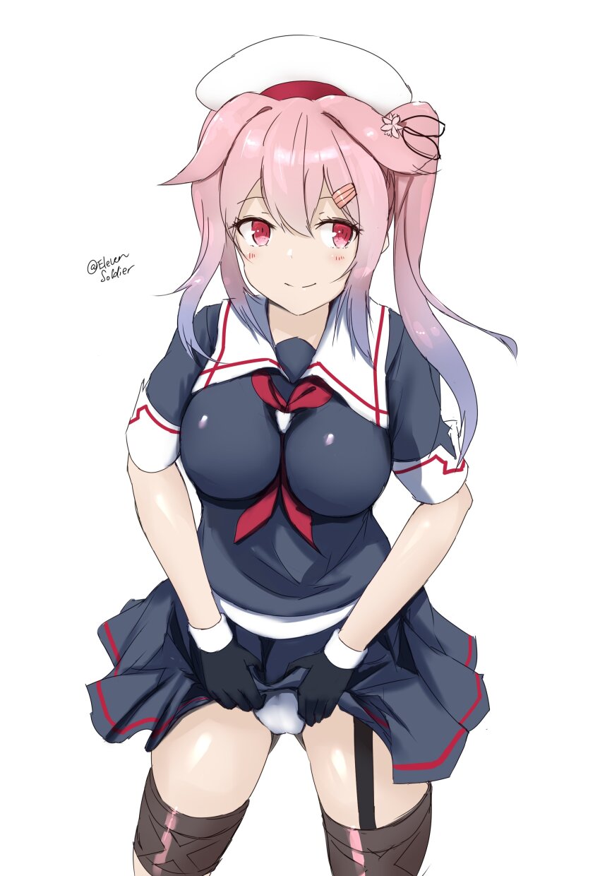 1girl, absurdres, beret, black_serafuku, blue_hair, blush, breasts, clothes_lift