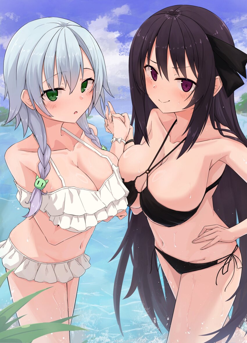 >:), 2girls, :o, absurdres, ao_no_kanata_no_four_rhythm, aqua_hair, arm_under_breasts, bare_shoulders