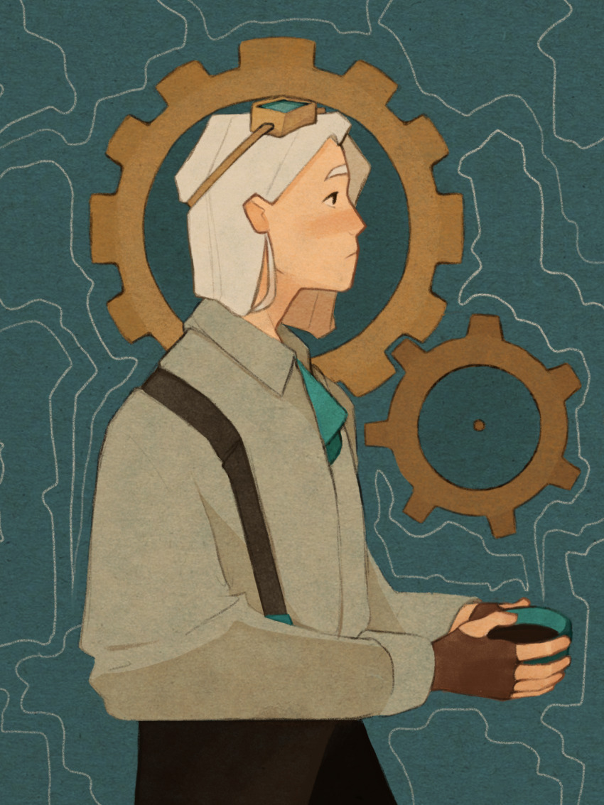 1girl, abstract_background, aqua-tinted_eyewear, aqua_background, aqua_necktie, aqua_theme, asymmetrical_hair, black_eyes, black_pants, blush, bob_cut, bowl, brown_gloves, brown_shirt, closed_mouth, collared_shirt, empires_smp, falsesymmetry, falsesymmetry_(cogsmeade), film_grain, fingerless_gloves, gears, gloves, goggles, goggles_on_head, highres, holding, holding_bowl, long_sleeves, looking_up, medium_hair, minecraft_youtube, necktie, noah_islands, pants, profile, shirt, solo, suspenders, tinted_eyewear, white_hair