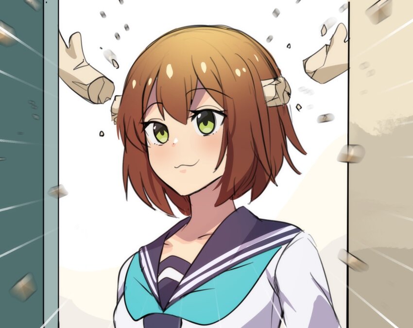 1girl, :3, antlers, aqua_neckerchief, blue_sailor_collar, blurry, blurry_foreground, bob_cut, breasts, broken, broken_antler, brown_hair, close-up, closed_mouth, collared_shirt, commentary, deer_antlers, deer_girl, depth_of_field, doorway, dress_shirt, english_commentary, eyelashes, green_eyes, highres, hinghoi, horns, light_blush, looking_ahead, medium_breasts, neckerchief, notice_lines, open_door, sailor_collar, school_uniform, serafuku, shards, shikanoko_noko, shikanoko_nokonoko_koshitantan, shirt, short_hair, sliding_doors, smile, solo, white_shirt