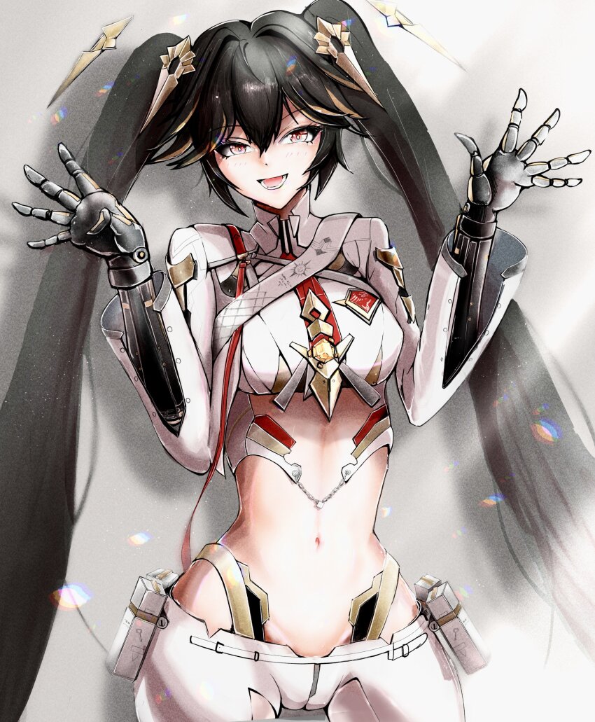 1girl, absurdres, black_hair, blonde_hair, cameltoe, clothing_cutout, floating_headgear, grey_jacket, grey_leggings, highleg, highleg_panties, highres, jacket, jewelry, leggings, long_hair, long_sleeves, looking_at_viewer, lower_teeth_only, lucia:_pyroath_(pgr), lucia_(pgr), mechanical_arms, midriff, mu_mi, multicolored_hair, navel, open_mouth, panties, pouch, punishing:_gray_raven, red_eyes, smile, solo, streaked_hair, teeth, thigh_cutout, twintails, underwear