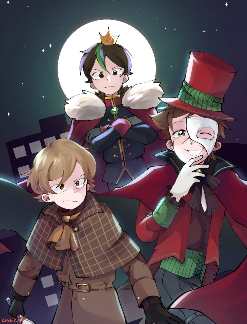 3boys, adapted_costume, alternate_costume, brown_eyes, brown_hair, cape, capelet, coat