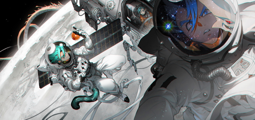 1girl, 2boys, aqua_eyes, aqua_hair, astronaut, blue_tail, bright_pupils, bulma