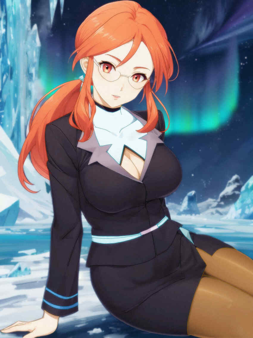 1girl, absurdres, aurora, black_skirt, black_suit, breasts, cleavage, cleavage_cutout