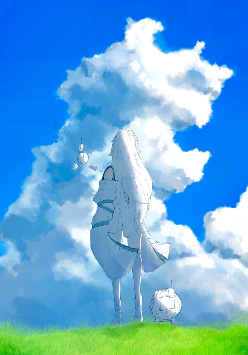 1girl, 1other, bare_arms, blue_sky, cloud, detached_sleeves, dress, drone