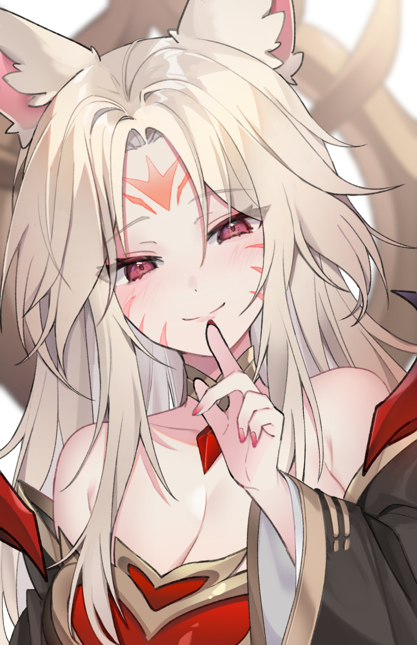 1girl, absurdres, ahri_(league_of_legends), animal_ears, blurry, blurry_background, breasts, cleavage