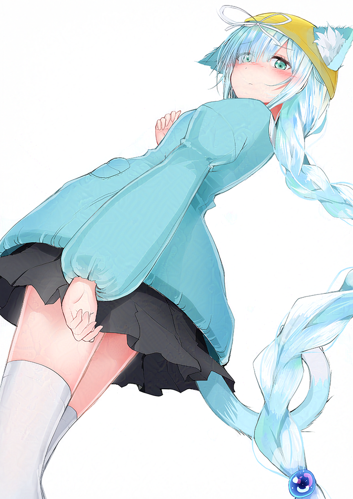 1girl, animal_ear_fluff, animal_ears, aqua_eyes, azur_lane, black_skirt, blue_hair, blush