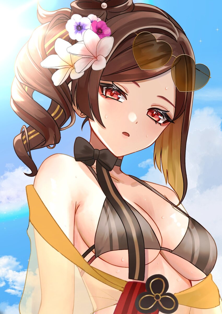 1girl, alternate_costume, bare_shoulders, bikini, black_bikini, black_bow, black_choker, blonde_hair