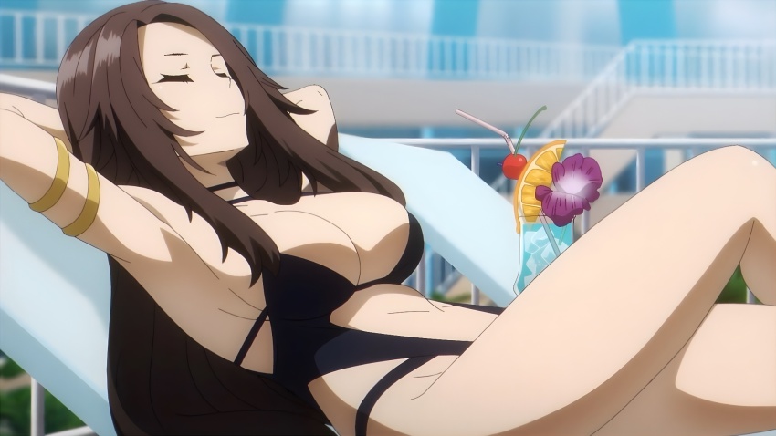 1girl, armpits, arms_behind_head, bikini, breasts, cleavage, closed_eyes, highres, kage_no_jitsuryokusha_ni_naritakute!, large_breasts, lying, navel, nu_(kagejitsu), official_art, one-piece_swimsuit, smile, solo, sunbathing, swimsuit
