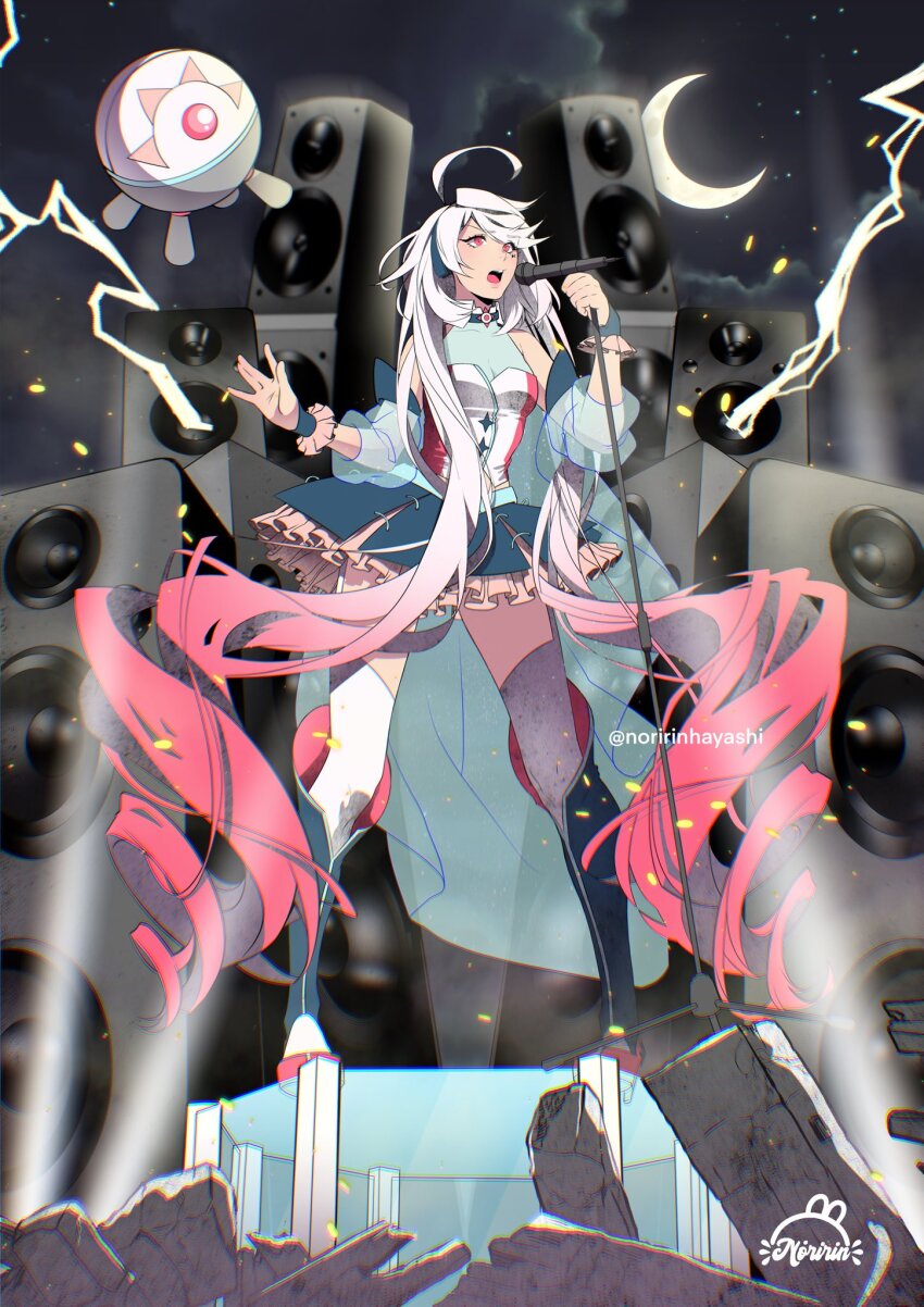 1girl, ahoge, blue_skirt, blue_wrist_cuffs, boots, breasts, choker, cleavage