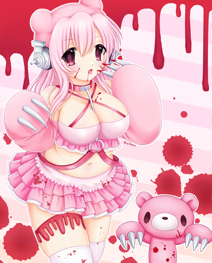1girl, absurdres, artist_name, bear, bear_girl, blood, blood_on_clothes, blood_on_face