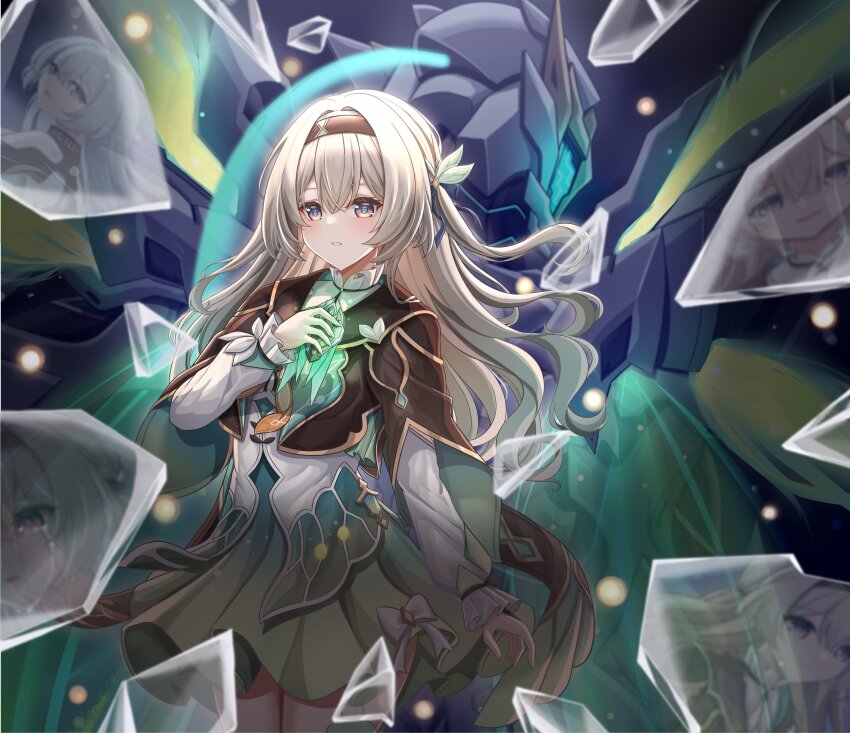 1girl, absurdres, armor, black_hairband, breasts, broken_glass, collared_shirt, cropped_jacket