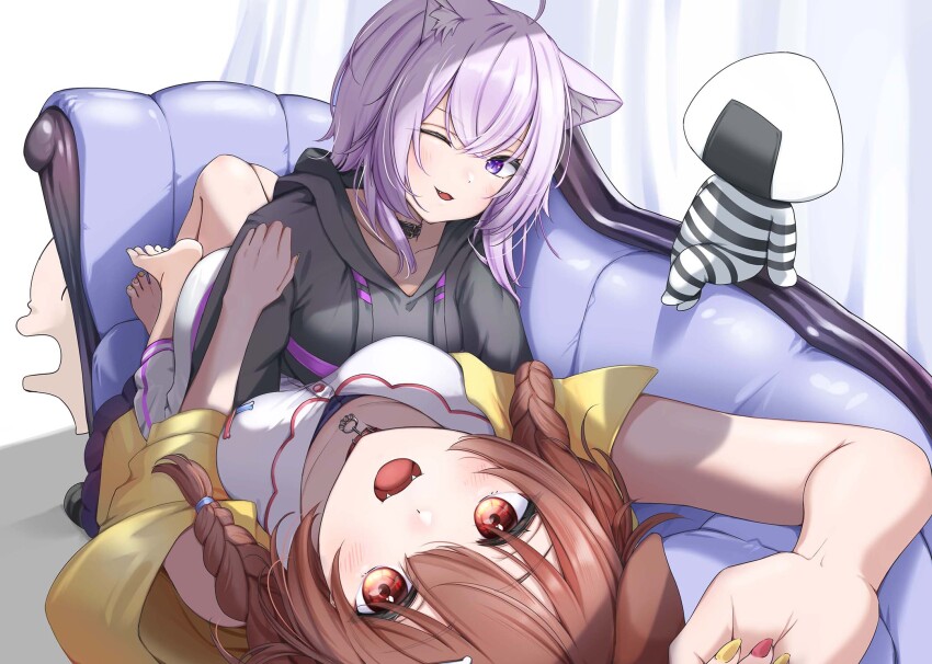 :d, ;d, ahoge, animal_collar, animal_ears, barefoot, black_choker, black_hoodie