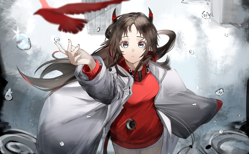 1girl, absurdres, arknights, bird, breasts, brown_hair, commentary, cowboy_shot