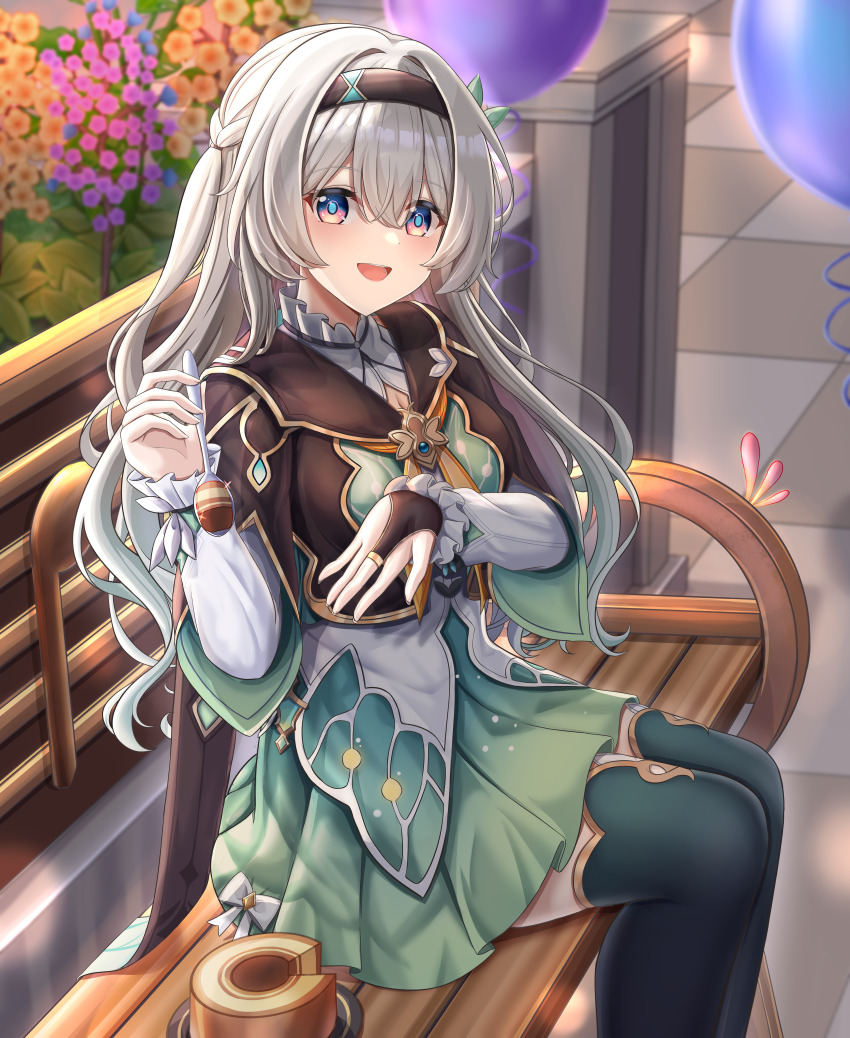 1girl, :d, absurdres, balloon, black_gloves, black_hairband, breasts, cake