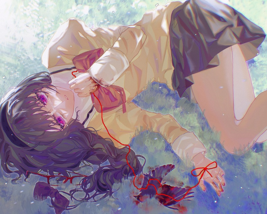 1girl, akemi_homura, black_hair, black_hairband, black_skirt, blood, blood_on_hands, bow