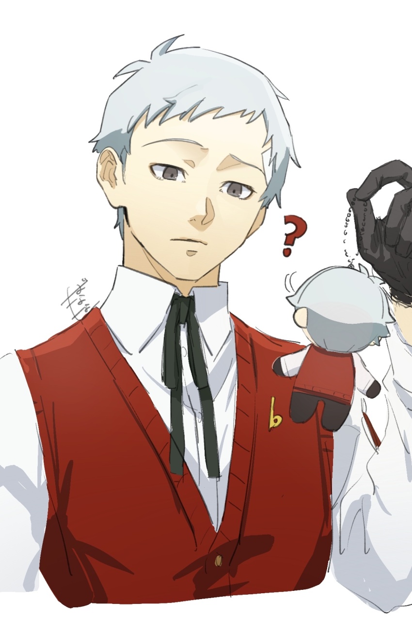 1boy, ?, bananashi, bandaid, bandaid_on_face, bandaid_on_forehead, black_gloves, black_ribbon, character_doll, closed_mouth, collared_shirt, cropped_torso, doll, gloves, grey_eyes, grey_hair, hand_up, highres, holding, holding_doll, long_sleeves, neck_ribbon, persona, persona_3, red_sweater_vest, ribbon, sanada_akihiko, shirt, short_hair, solo, stuffed_toy, sweater_vest, upper_body, white_background, white_shirt