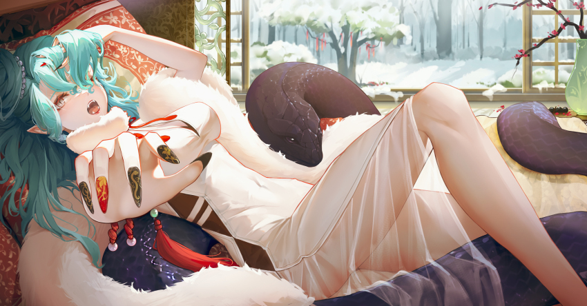 1girl, absurdres, adjusting_hair, animal, aqua_hair, bare_arms, black_nails, black_snake