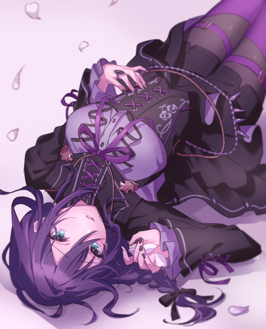 1girl, aqua_eyes, arched_back, ayase_mayoi, ayase_mayoi_(eerie_dusk), black_nails, black_pantyhose, blurry, braid, breasts, bustier, corset, cowboy_shot, cross-laced_clothes, cross-laced_corset, cross-laced_sleeves, crossed_bangs, depth_of_field, double-parted_bangs, ensemble_stars!, falling_petals, frilled_bustier, frills, furrowed_brow, genderswap, genderswap_(mtf), gothic_lolita, gradient_background, hair_between_eyes, highres, holding, holding_petal, jewelry, knees_up, legs_together, lolita_fashion, looking_at_viewer, lying, medium_breasts, nail_polish, on_back, pantyhose, parted_lips, petals, purple_hair, purple_ribbon, purple_theme, ribbon, ring, see-through_clothes, see-through_legwear, solo, thigh_strap, umeshiso, upside-down, white_petals