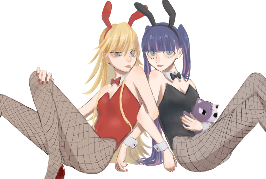 2girls, black_bow, black_bowtie, blonde_hair, blue_eyes, bow, bowtie, detached_collar, domonjoshamambe, fishnet_pantyhose, fishnets, gainax, highres, holding, holding_stuffed_toy, multicolored_hair, multiple_girls, panty_&amp;_stocking_with_garterbelt, panty_(psg), pantyhose, playboy_bunny, purple_hair, purple_nails, red_bow, red_bowtie, red_nails, stocking_(psg), stuffed_toy, tongue, tongue_out, twintails, two-tone_hair, white_background, wrist_cuffs