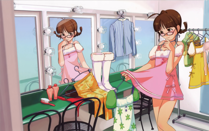 1girl, absurdres, akizuki_ritsuko, annindoufu_(oicon), antenna_hair, artistic_error, blush, boots, braid, brown_eyes, brown_hair, chair, clothes, clothes_hanger, clothes_lift, cute_&amp;_girly_(idolmaster), different_reflection, dress, dress_lift, dressing_room, feet_out_of_frame, female_focus, glasses, hair_brush, highres, idolmaster, idolmaster_(classic), indoors, looking_over_eyewear, mini_morning_(idolmaster), mirror, official_art, pants, pink_dress, reflection, shirt, short_dress, short_hair, solo, thighhighs, twin_braids, twintails, wrong_reflection, yellow_dress