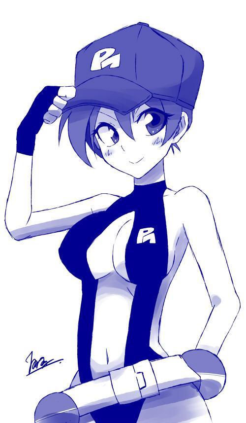 1girl, adapted_costume, alternate_breast_size, armpits, asymmetrical_hair, baseball_cap, belt, black_hair