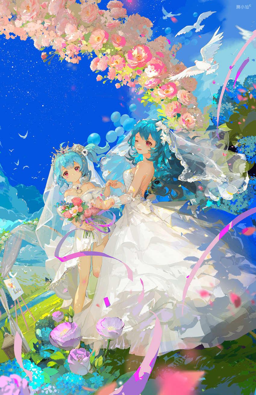 2girls, arch, balloon, bare_legs, bare_shoulders, bili_girl_22, bili_girl_33, bilibili