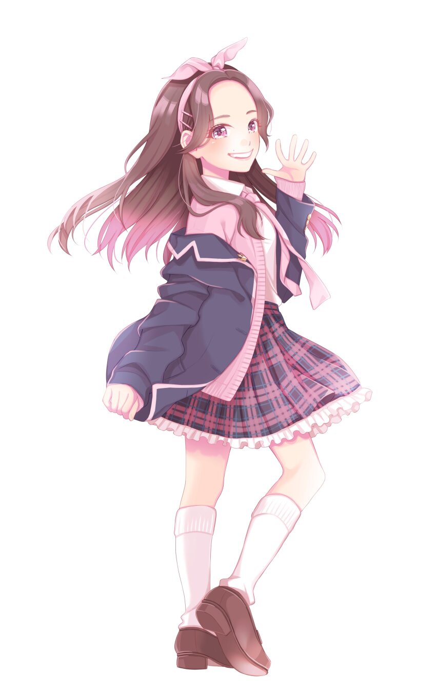 1girl, absurdres, aita_rin, animification, blush, brown_footwear, brown_hair, cardigan, clenched_hands, collared_shirt, frilled_skirt, frills, from_behind, hairband, highres, long_hair, long_sleeves, looking_at_viewer, looking_back, mash112, necktie, pink_cardigan, pink_eyes, pink_hairband, pink_necktie, pink_ribbon, pink_skirt, plaid_clothes, plaid_skirt, produce_101, produce_101_japan:_the_girls, produce_101_uniform, real_life, ribbon, shirt, simple_background, skirt, sleeves_past_wrists, smile, socks, solo, waving, white_background, white_shirt, white_socks
