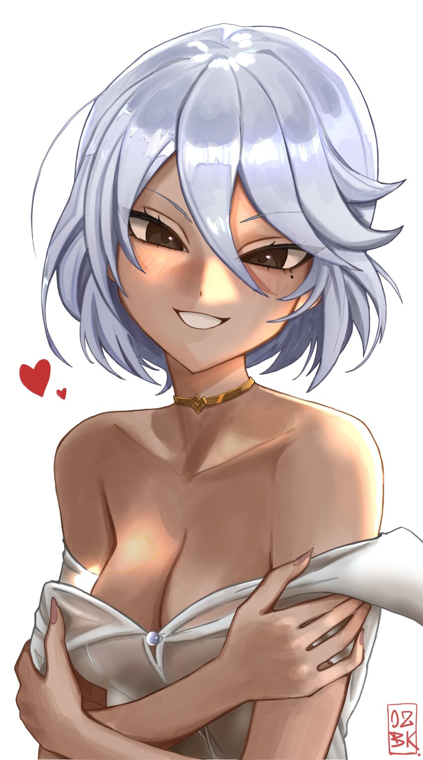 0zbck, 1girl, absurdres, alt_text, animification, aphrodite_(fortnite), artist_name, bare_shoulders, black_eyes, blush, breasts, bright_pupils, cleavage, collarbone, commentary, crossed_arms, dark-skinned_female, dark_skin, dress, english_commentary, fortnite, gold_choker, grey_hair, head_tilt, heart, highres, looking_at_viewer, medium_breasts, mole, mole_under_eye, off-shoulder_dress, off_shoulder, parted_lips, portrait, short_hair, smile, solo, white_background, white_dress, white_pupils