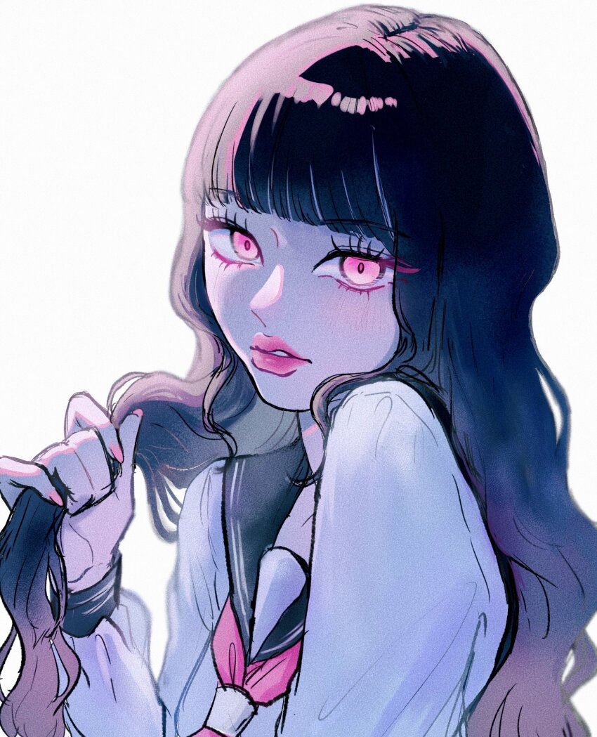 1girl, animification, black_hair, black_sailor_collar, highres, holding, holding_own_hair, looking_at_viewer