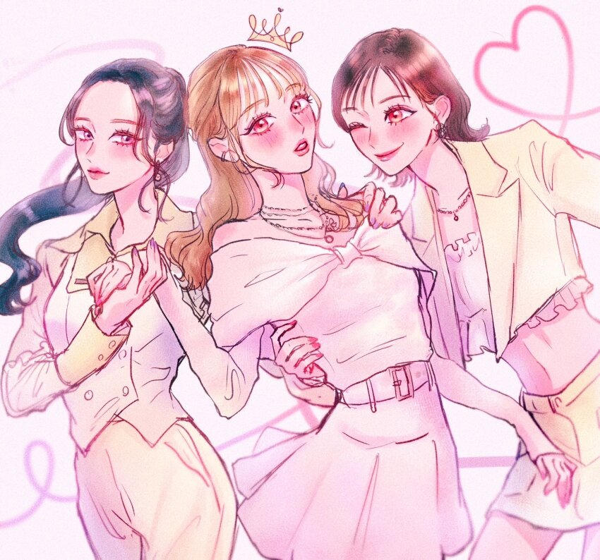 3girls, animification, belt, blush, brown_hair, collarbone, collared_shirt, drawn_crown