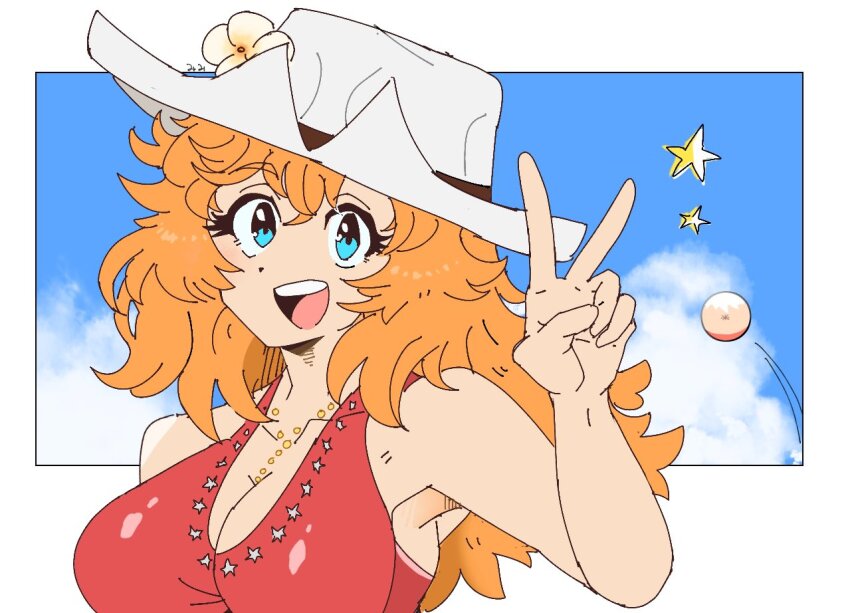 1girl, aqua_eyes, artist_request, ball, bare_shoulders, blue_sky, breasts, cleavage, cowboy_hat, female_focus, happy, hat, kinnikuman, large_breasts, long_hair, open_mouth, orange_hair, pants, shiny_skin, shouno_natsuko, sky, solo, standing, v, waving, wide_hips