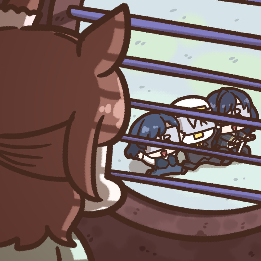 1boy, 3girls, black_hair, chibi, commentary, ear_ornament, forgemod1oader, formal_clothes