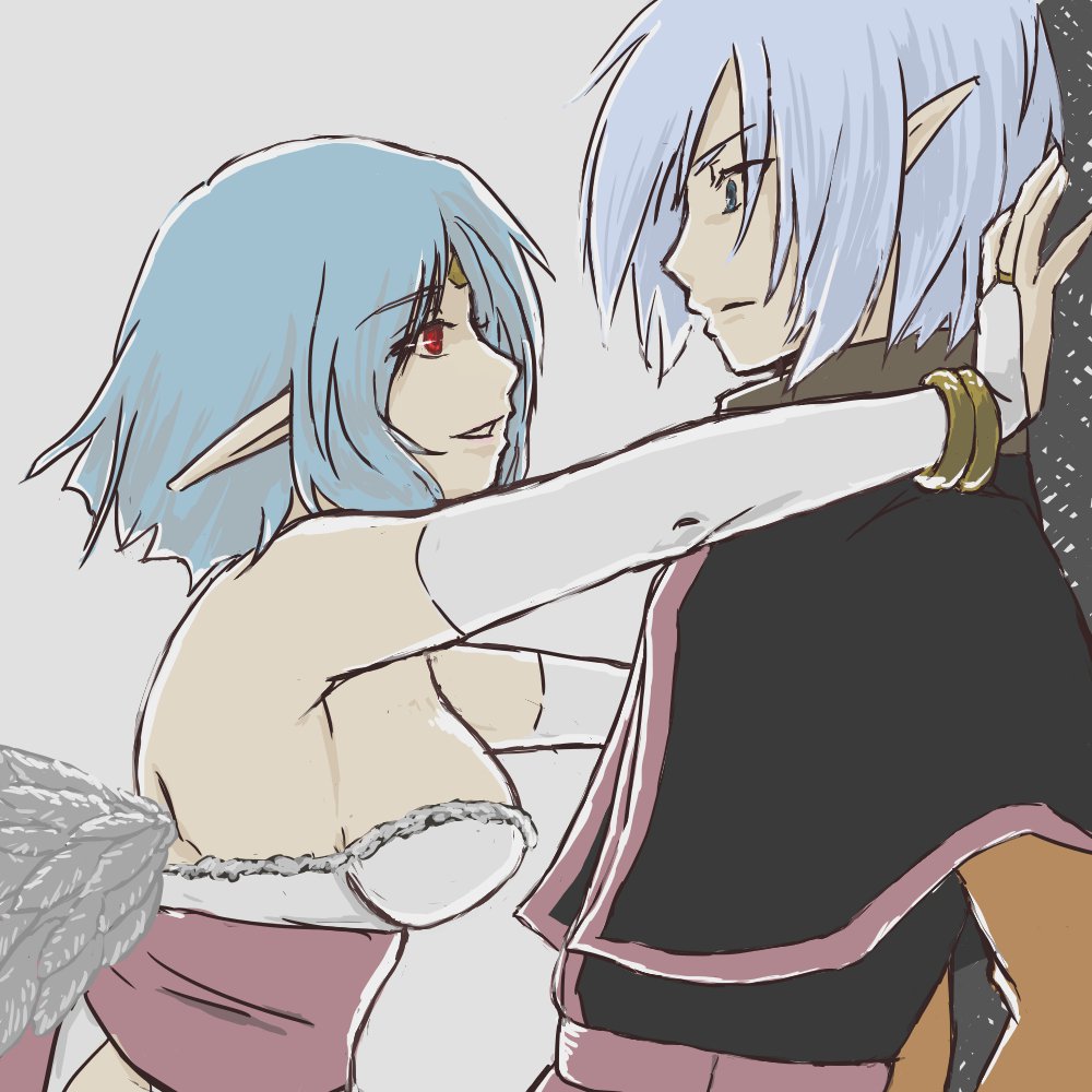 1boy, 1girl, angel_wings, bare_shoulders, blue_hair, breasts, chickenkue, closed_mouth